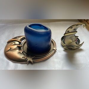Lot of 2 metal tea light / votive candle holders- celestial moon & stars